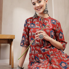 Stylum Women's Red Animal Printed Cotton A-Line Kurta (REDBRICK)