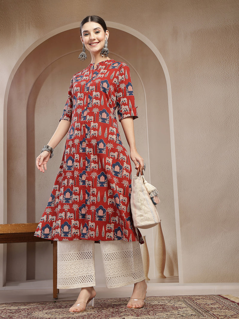 Stylum Women's Red Animal Printed Cotton A-Line Kurta (REDBRICK)