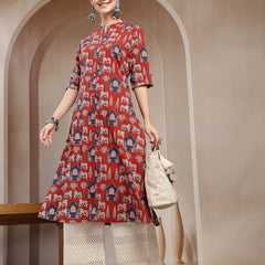 Stylum Women's Red Animal Printed Cotton A-Line Kurta (REDBRICK)