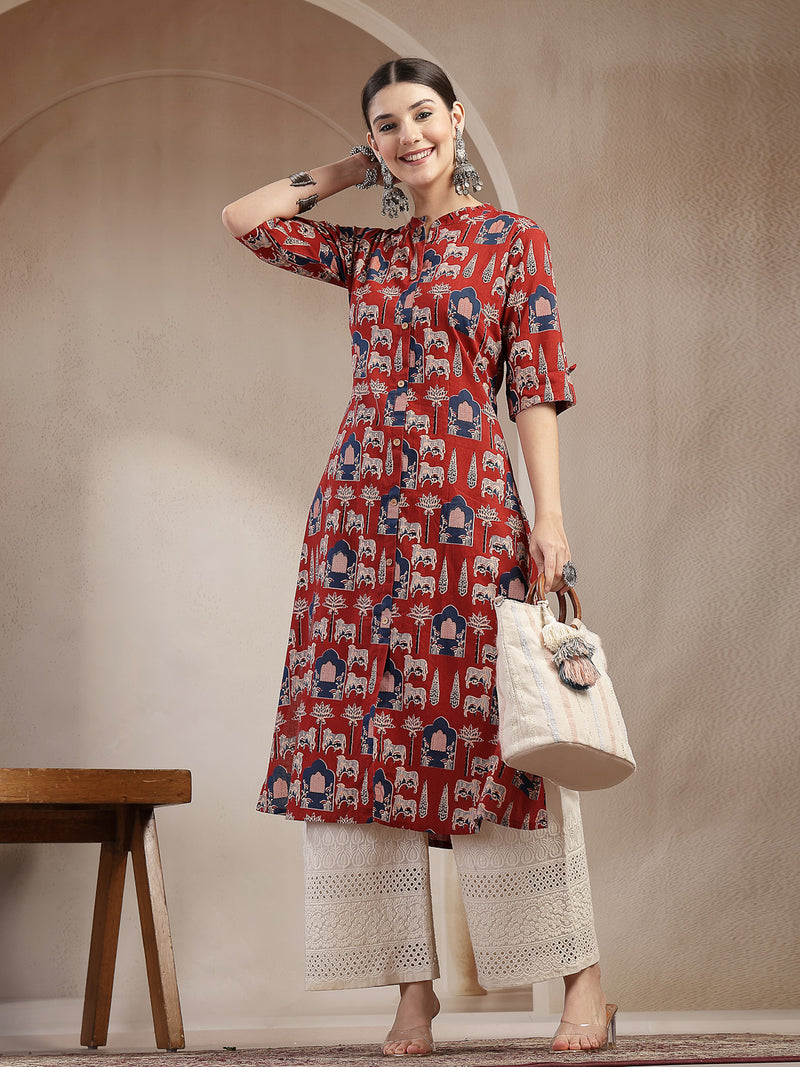 Stylum Women's Red Animal Printed Cotton A-Line Kurta (REDBRICK)