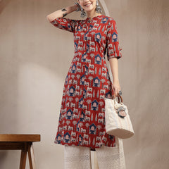 Stylum Women's Red Animal Printed Cotton A-Line Kurta (REDBRICK)