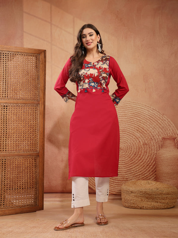 Stylum Women's Red Solid Rayon Straight Kurta (REDDHARA)