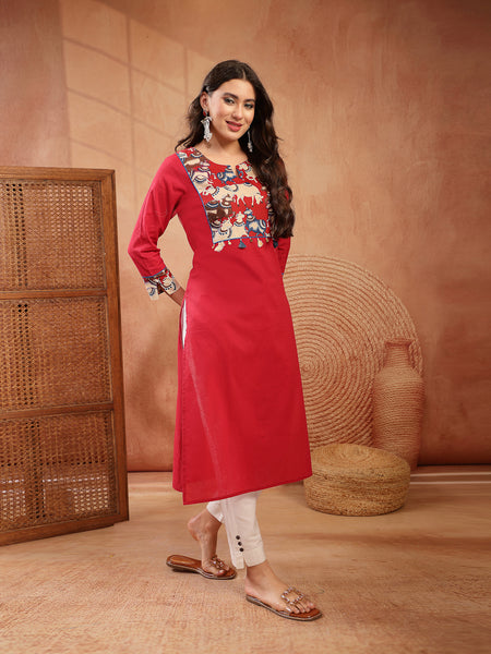 Stylum Women's Red Solid Rayon Straight Kurta (REDDHARA)