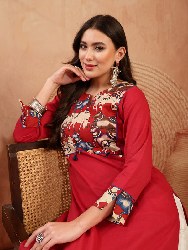 Stylum Women's Red Solid Rayon Straight Kurta (REDDHARA)