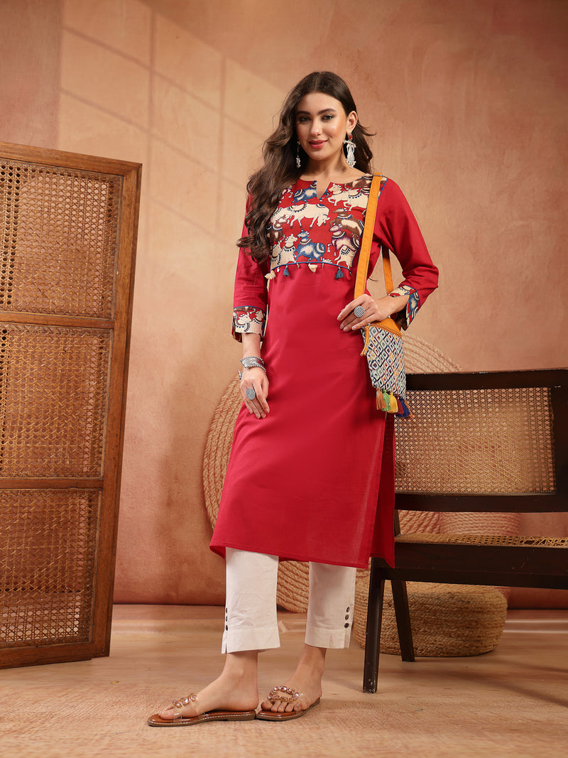 Stylum Women's Red Solid Rayon Straight Kurta (REDDHARA)