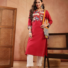 Stylum Women's Red Solid Rayon Straight Kurta (REDDHARA)