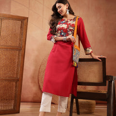 Stylum Women's Red Solid Rayon Straight Kurta (REDDHARA)