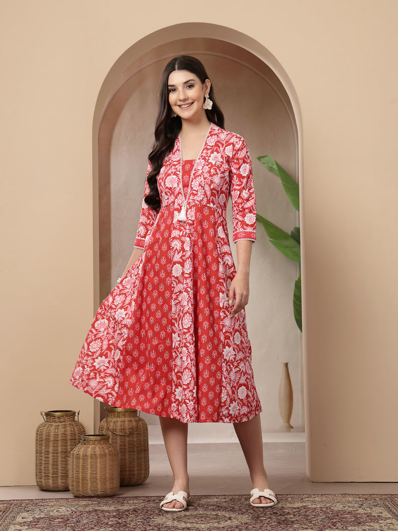 Stylum Women's Red Floral Printed Cotton Flared Kurta (REDDUKE)