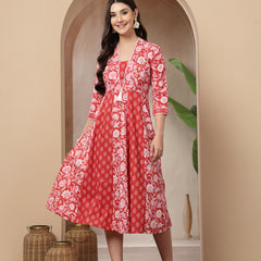 Stylum Women's Red Floral Printed Cotton Flared Kurta (REDDUKE)