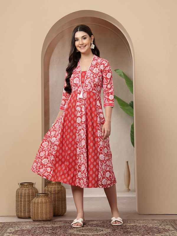 Stylum Women's Red Floral Printed Cotton Flared Kurta (REDDUKE)