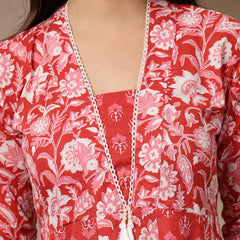 Stylum Women's Red Floral Printed Cotton Flared Kurta (REDDUKE)