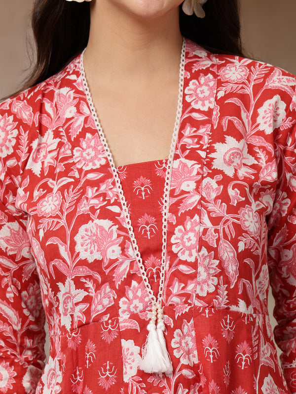 Stylum Women's Red Floral Printed Cotton Flared Kurta (REDDUKE)