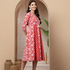 Stylum Women's Red Floral Printed Cotton Flared Kurta (REDDUKE)