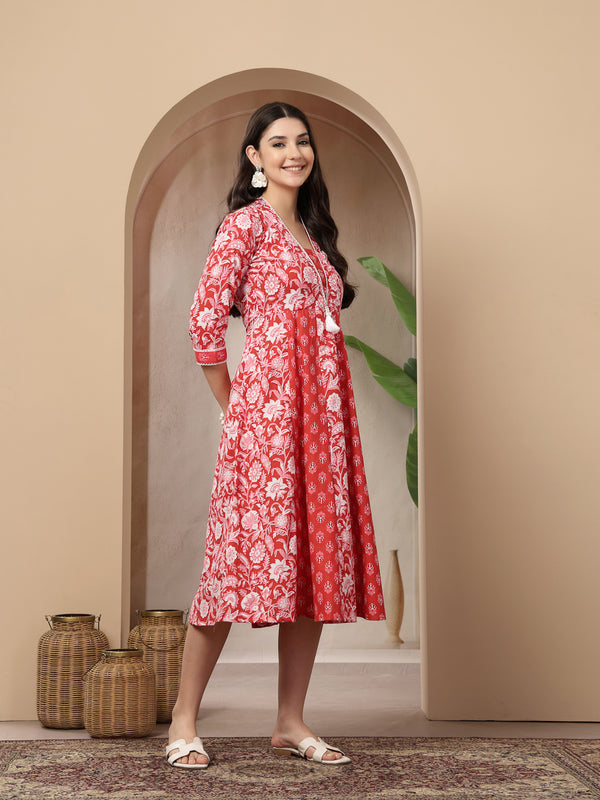 Stylum Women's Red Floral Printed Cotton Flared Kurta (REDDUKE)