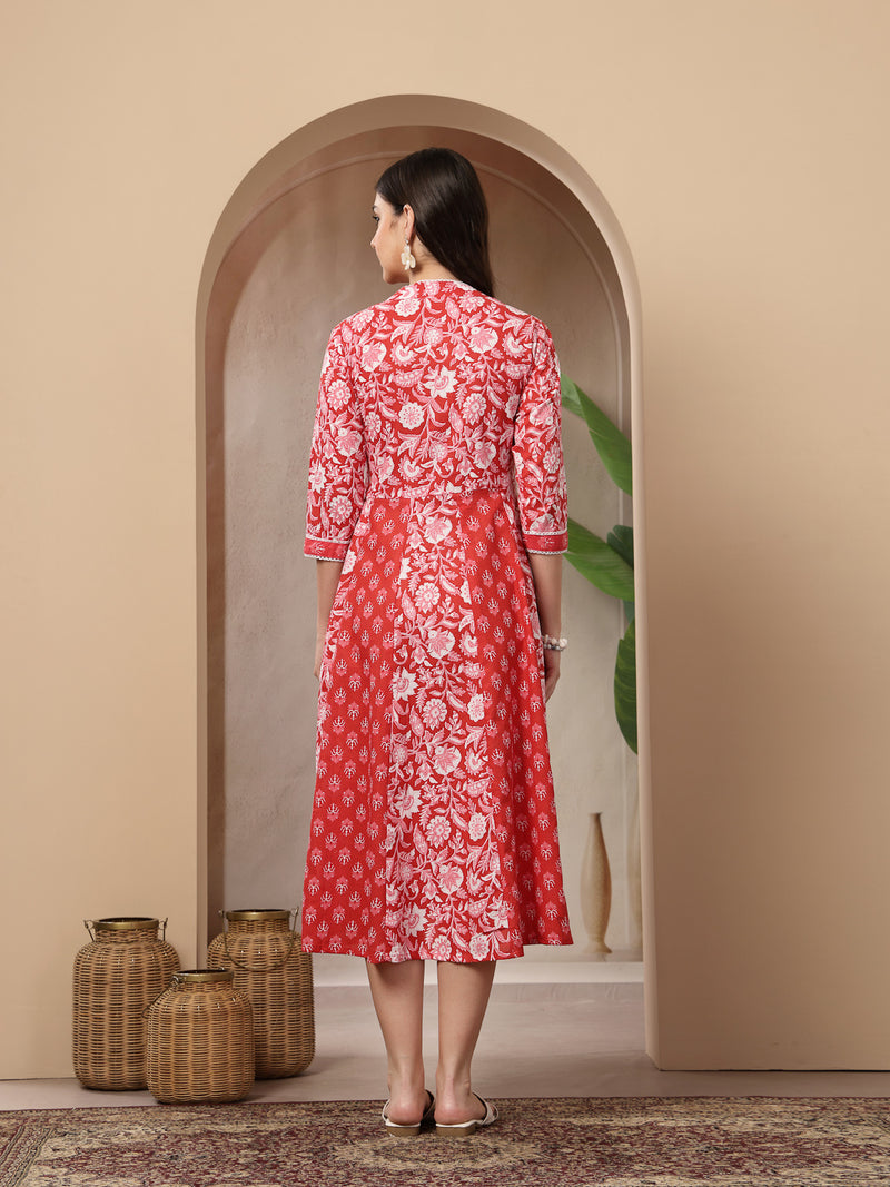 Stylum Women's Red Floral Printed Cotton Flared Kurta (REDDUKE)