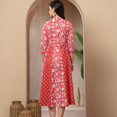 Stylum Women's Red Floral Printed Cotton Flared Kurta (REDDUKE)