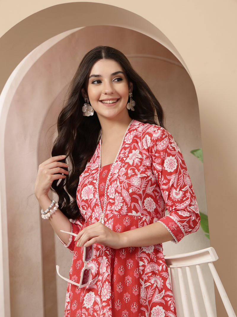Stylum Women's Red Floral Printed Cotton Flared Kurta (REDDUKE)
