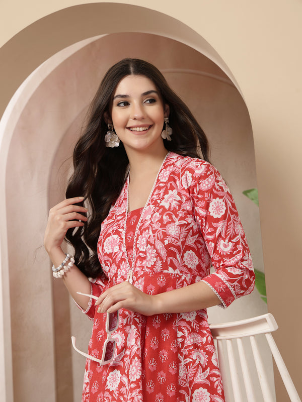 Stylum Women's Red Floral Printed Cotton Flared Kurta (REDDUKE)