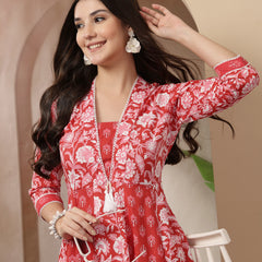 Stylum Women's Red Floral Printed Cotton Flared Kurta (REDDUKE)