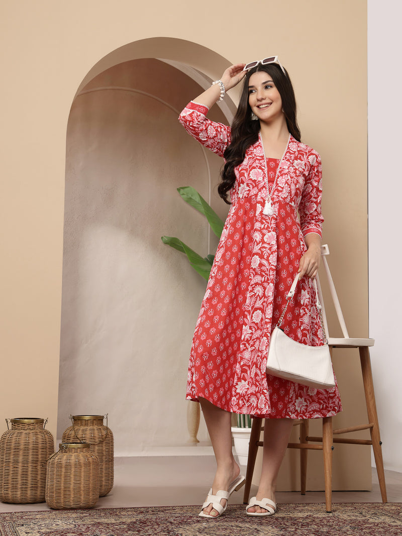 Stylum Women's Red Floral Printed Cotton Flared Kurta (REDDUKE)
