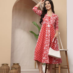 Stylum Women's Red Floral Printed Cotton Flared Kurta (REDDUKE)