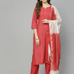 Stylum Women's Woven Design Cotton Blend Straight Kurta Pant Dupatta Set (REDJUGNO)