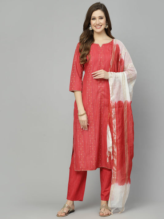 Stylum Women's Woven Design Cotton Blend Straight Kurta Pant Dupatta Set (REDJUGNO)