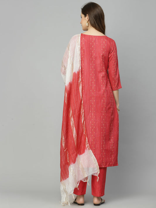 Stylum Women's Woven Design Cotton Blend Straight Kurta Pant Dupatta Set (REDJUGNO)
