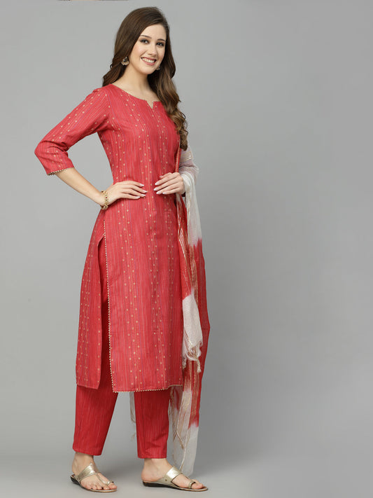 Stylum Women's Woven Design Cotton Blend Straight Kurta Pant Dupatta Set (REDJUGNO)