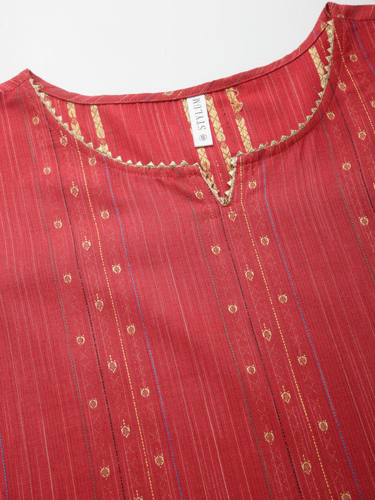 Stylum Women's Woven Design Cotton Blend Straight Kurta Pant Dupatta Set (REDJUGNO)