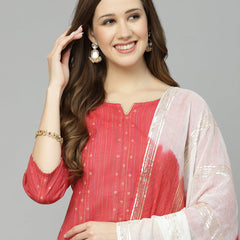 Stylum Women's Woven Design Cotton Blend Straight Kurta Pant Dupatta Set (REDJUGNO)