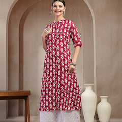 Stylum Women's Maroon Ikkat Printed Cotton A-line Kurta (REDSANTA)
