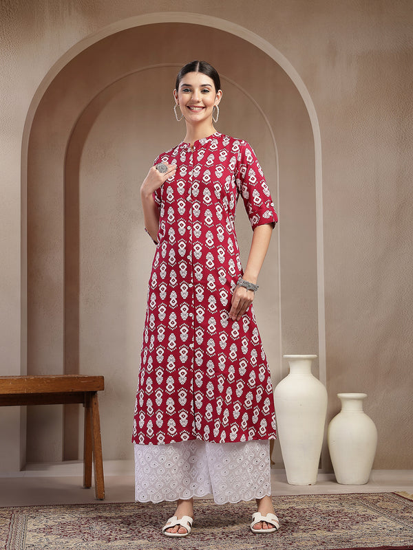 Stylum Women's Maroon Ikkat Printed Cotton A-line Kurta (REDSANTA)