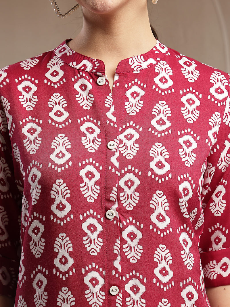Stylum Women's Maroon Ikkat Printed Cotton A-line Kurta (REDSANTA)