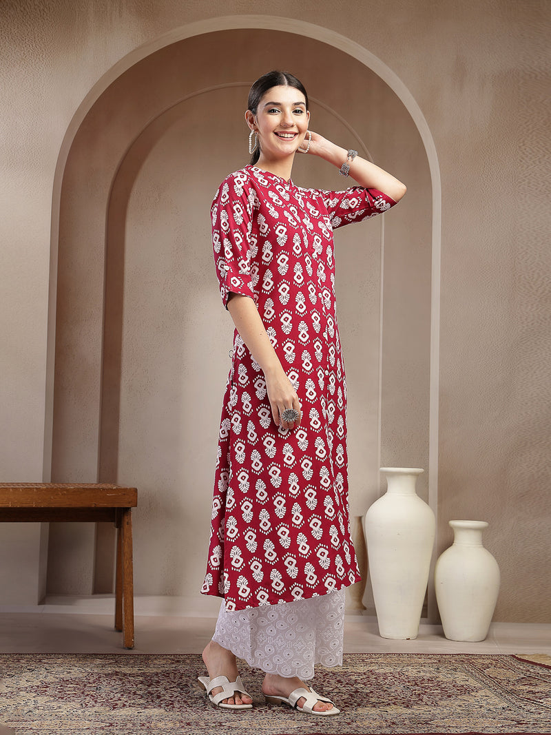 Stylum Women's Maroon Ikkat Printed Cotton A-line Kurta (REDSANTA)