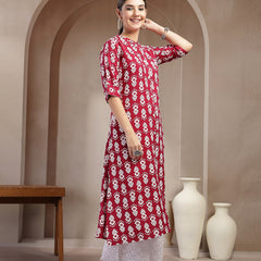 Stylum Women's Maroon Ikkat Printed Cotton A-line Kurta (REDSANTA)
