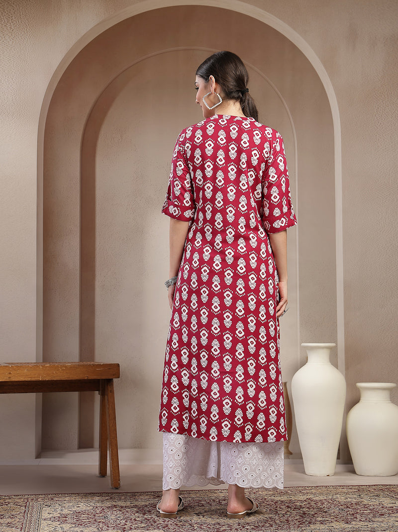 Stylum Women's Maroon Ikkat Printed Cotton A-line Kurta (REDSANTA)