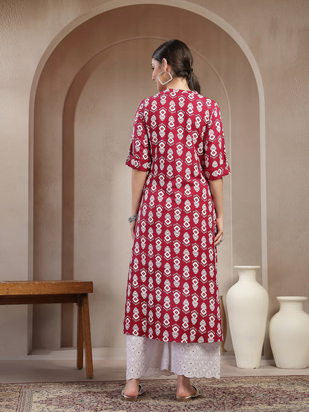 Stylum Women's Maroon Ikkat Printed Cotton A-line Kurta (REDSANTA)