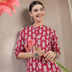 Stylum Women's Maroon Ikkat Printed Cotton A-line Kurta (REDSANTA)