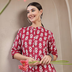 Stylum Women's Maroon Ikkat Printed Cotton A-line Kurta (REDSANTA)