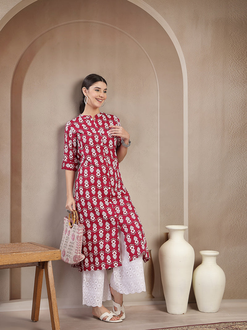 Stylum Women's Maroon Ikkat Printed Cotton A-line Kurta (REDSANTA)