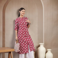 Stylum Women's Maroon Ikkat Printed Cotton A-line Kurta (REDSANTA)