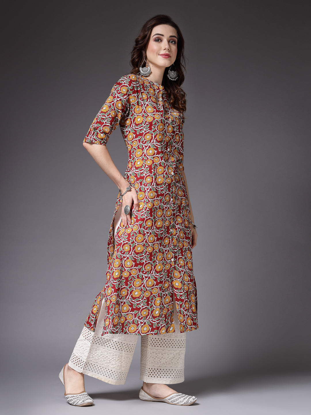 Stylum Women's Floral Printed Cotton A-Line Kurta (ROSSYRED)