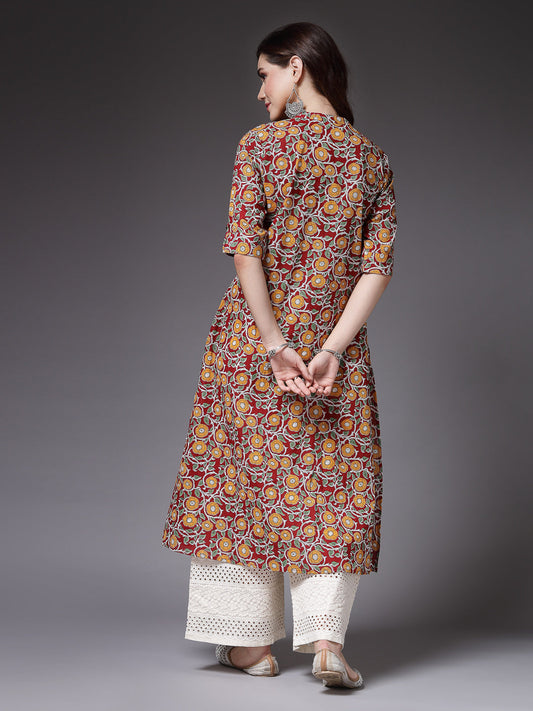 Stylum Women's Floral Printed Cotton A-Line Kurta (ROSSYRED)