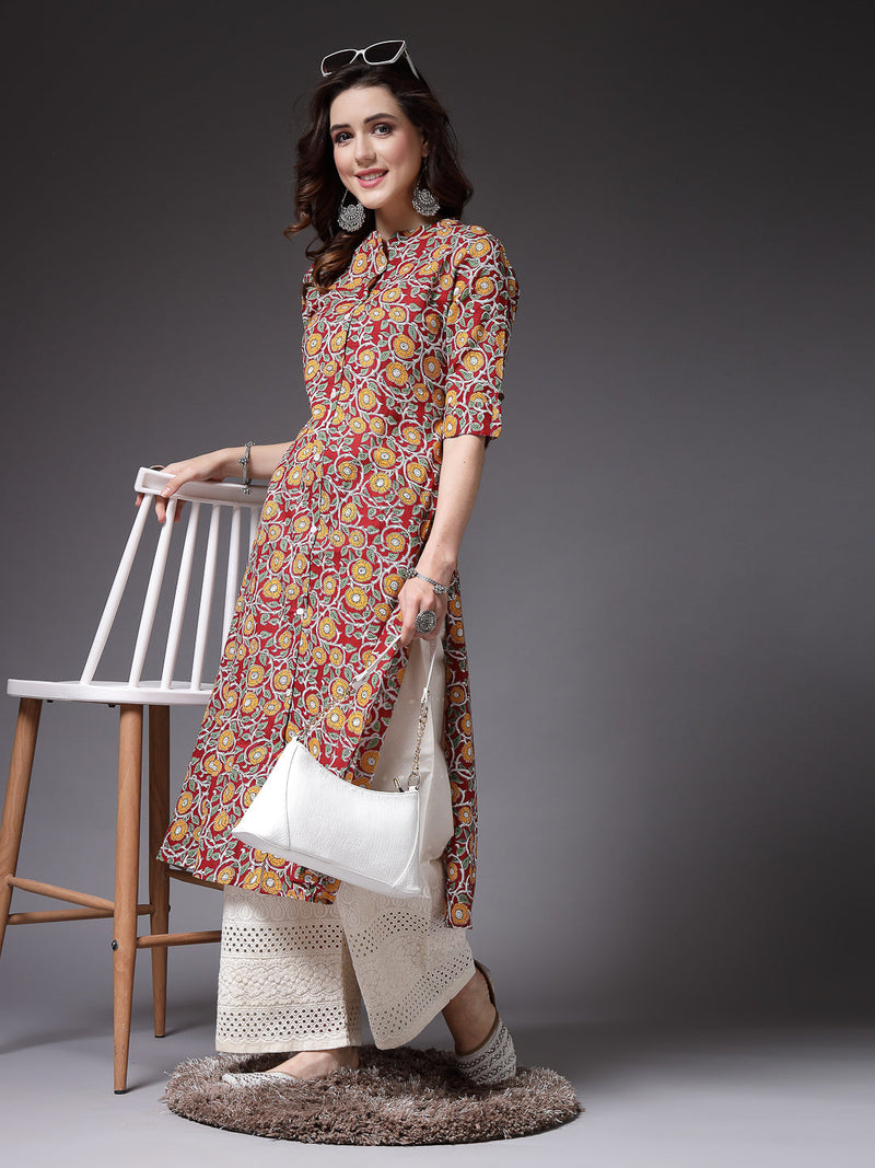 Stylum Women's Floral Printed Cotton A-Line Kurta (ROSSYRED)