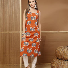 Stylum Women's Rust Block Printed Cotton Straight Kurta (RUSTLETTUCE)