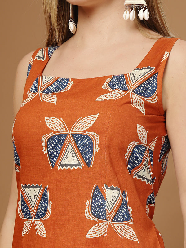 Stylum Women's Rust Block Printed Cotton Straight Kurta (RUSTLETTUCE)
