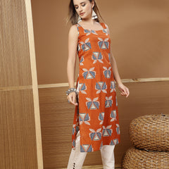 Stylum Women's Rust Block Printed Cotton Straight Kurta (RUSTLETTUCE)
