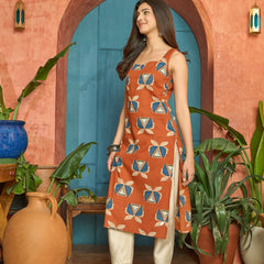 Stylum Women's Rust Block Printed Cotton Straight Kurta (RUSTLETTUCE)