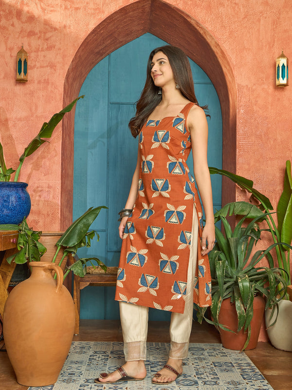 Stylum Women's Rust Block Printed Cotton Straight Kurta (RUSTLETTUCE)